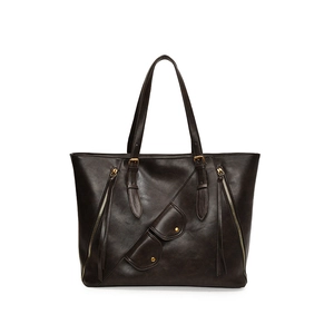 Minimalist dark brown PU leather tote bag with gold hardware and multi-pocket design