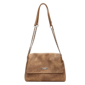 Retro brown textured leather tote bag with silver chain strap and metal logo plate