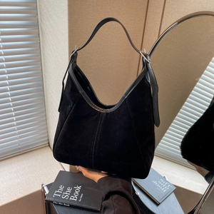 Minimalist black suede hobo shoulder bag for women with adjustable leather straps