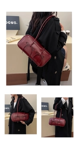 Deep red bow shoulder bag with glossy finish shown from multiple angles in a lifestyle setting