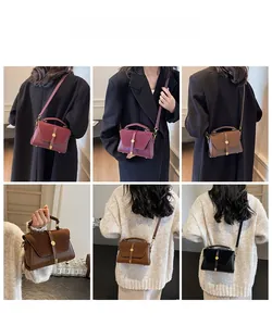 Three minimalist crossbody square bags in burgundy, brown, and black with metal buckle details