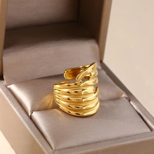 Irregular Wave Stainless Steel Ring For Women Waterproof Minimalist Liquid Metal Style Adjustable Open Chunky Jewelry