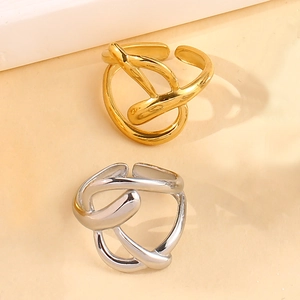 Hollow Line Geometric Open Ring Stainless Steel 18K Gold Plated Adjustable Minimalist Liquid Metal Style For Women