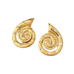 Golden spiral seashell earrings in stainless steel with sparkling rhinestones for women
