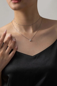 Close-up of double-layered stainless steel zircon necklace on a model's neck