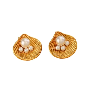 Minimalist gold shell stud earrings with inlaid pearls and textured fan shape design