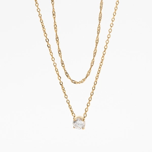 Double-layered gold titanium steel necklace featuring a round zircon pendant on white background