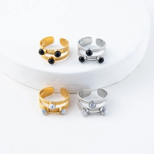 Vintage 18k gold plated stainless steel layered rings with natural marble and black stone