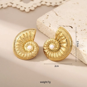 Detailed view of 18k gold conch shell earrings with white pearl inlay, 2.5cm size