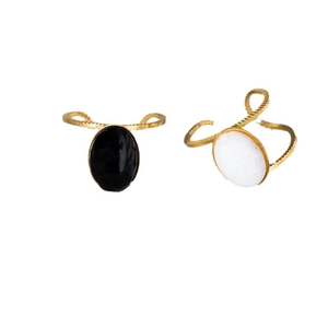 Gold-plated adjustable ring set with oval black and white enamel and ripple texture