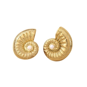 Irregular 18k gold plated conch shell stud earrings with white pearls for women