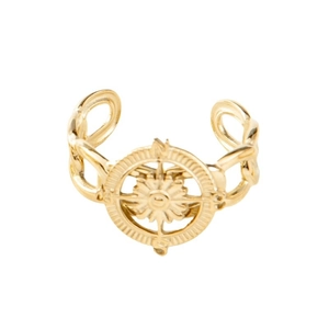 Retro 18k gold compass ring with nautical star relief and hollow chain band