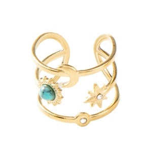 Gold bohemian multi-layer open ring featuring sun turquoise and moon star charms