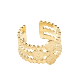 Retro gold stainless steel open ring with multilayer beaded design and textured discs
