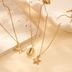 Bohemian gold seashell and starfish pendant necklace set for beach style accessories