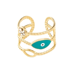 Adjustable gold plated evil eye multi-layer wave ring with turquoise enamel and crystals