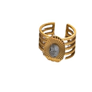 Bague ouverte vintage dorée style français avec pierre ovale grise et anneaux ciselés