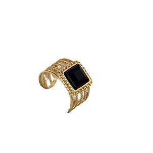 Vintage titanium steel ring with black natural stone and gold layered openwork design