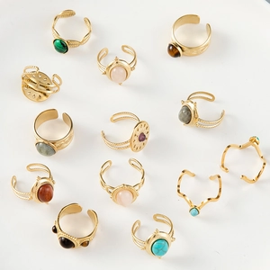 Vintage bohemian gold plated stainless steel open rings set with colorful turquoise stones