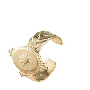 Vintage gold stainless steel oval ring with sunburst star pattern and woven band