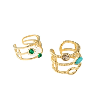 Bagues dorées multicouches vintage en acier inoxydable avec turquoise verte et cristaux