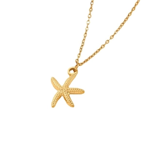 Golden stainless steel starfish necklace with textured pendant on a white background