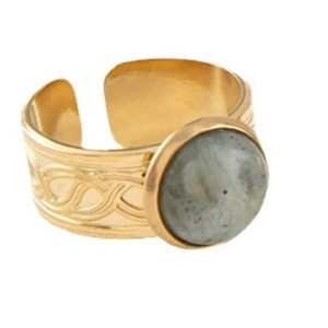 French vintage adjustable gold open ring featuring a large round natural stone inlay