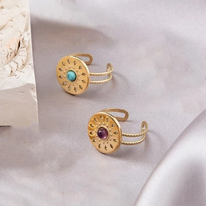 French retro gold adjustable rings set with turquoise and purple stones in sunburst design