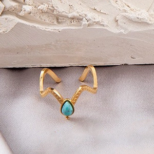 Vintage Bohemian Turquoise Adjustable Ring Stainless Steel Gold Plated Geometric Natural Stone Finger Jewelry For Women