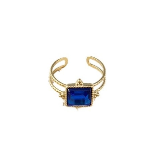 Vintage gold adjustable ring with square deep blue gemstone and beaded openwork design