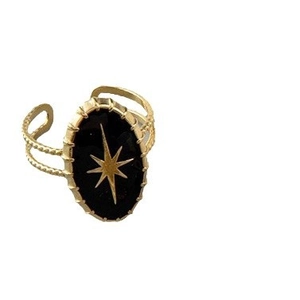 Vintage gold adjustable stainless steel ring with black oval starburst pattern