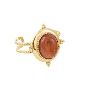 Bohemian gold stainless steel open ring with sparkling oval reddish brown gemstone