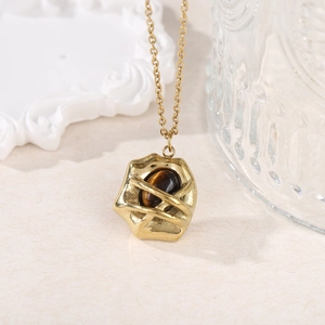 18k gold plated titanium steel necklace with natural tiger eye stone pendant in retro style