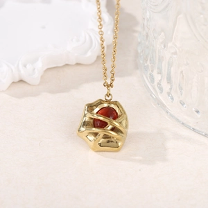 18k gold plated titanium necklace with natural stone pendant in retro crumpled metal design