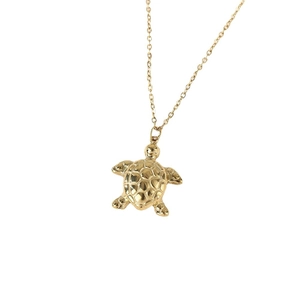 Elegant 18K gold plated stainless steel sea turtle pendant necklace on white background