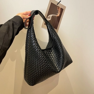 Large black woven leather hobo bag for women with minimalist shoulder strap style