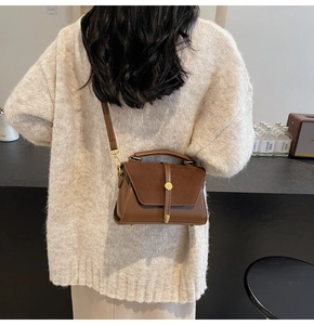 Close-up of brown textured crossbody bag showing golden metal buckle and suede details