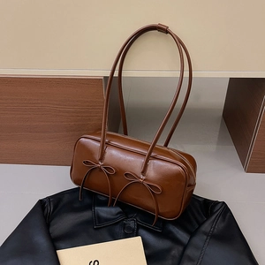 Women Retro Underarm Bag PU Leather Shiny Baguette Shoulder Bag With Bow Knot Decor Minimalist Fashion Style