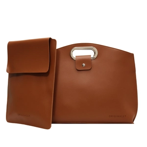 Brown leather laptop tote bag set with metal handle and inner pouch for office work