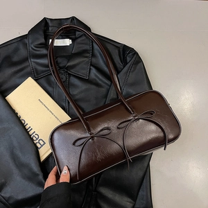 Dark brown PU leather shoulder bag with vintage bows and sleek rectangular shape