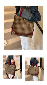 Detailed views of houndstooth tote bag featuring red woven strap and gold turnlock