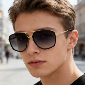 Men's fashion square pilot sunglasses with metal double bridge and gradient lenses