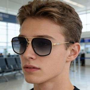 Detail of square pilot sunglasses with metal double bridge and gradient lenses on a model