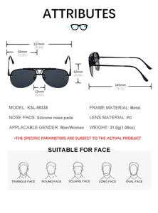 Detailed size chart of pilot sunglasses with metal frame and PC lens dimensions