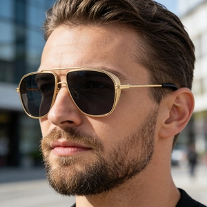 Classic gold metal aviator sunglasses for men with dark lenses and double bridge design