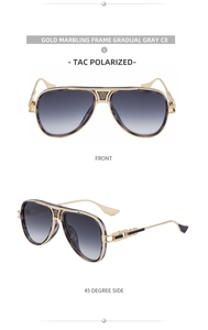 Detail der Flieger-Sonnenbrille mit goldmarmoriertem Rahmen und grauen TAC-Polarisationsgläsern