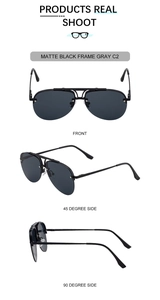 Three views of matte black pilot sunglasses with gray lenses and double bridge detail