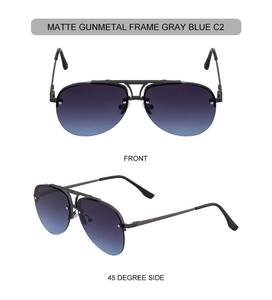 Front and 45-degree side views of matte gunmetal aviator sunglasses with gray blue lenses