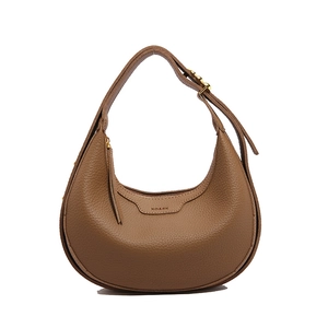 Caramel brown pebbled leather hobo bag with adjustable strap and gold hardware