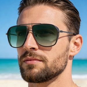 Detail of aviator sunglasses with metal mesh side shields and green gradient lenses